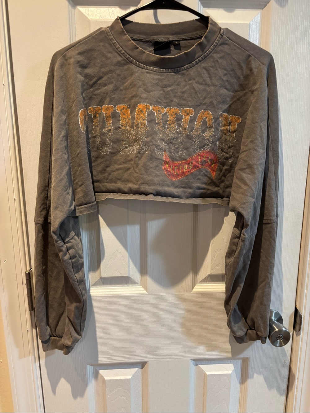 Cropped Washed Gray Graphic Sweatshirt with Red Accent